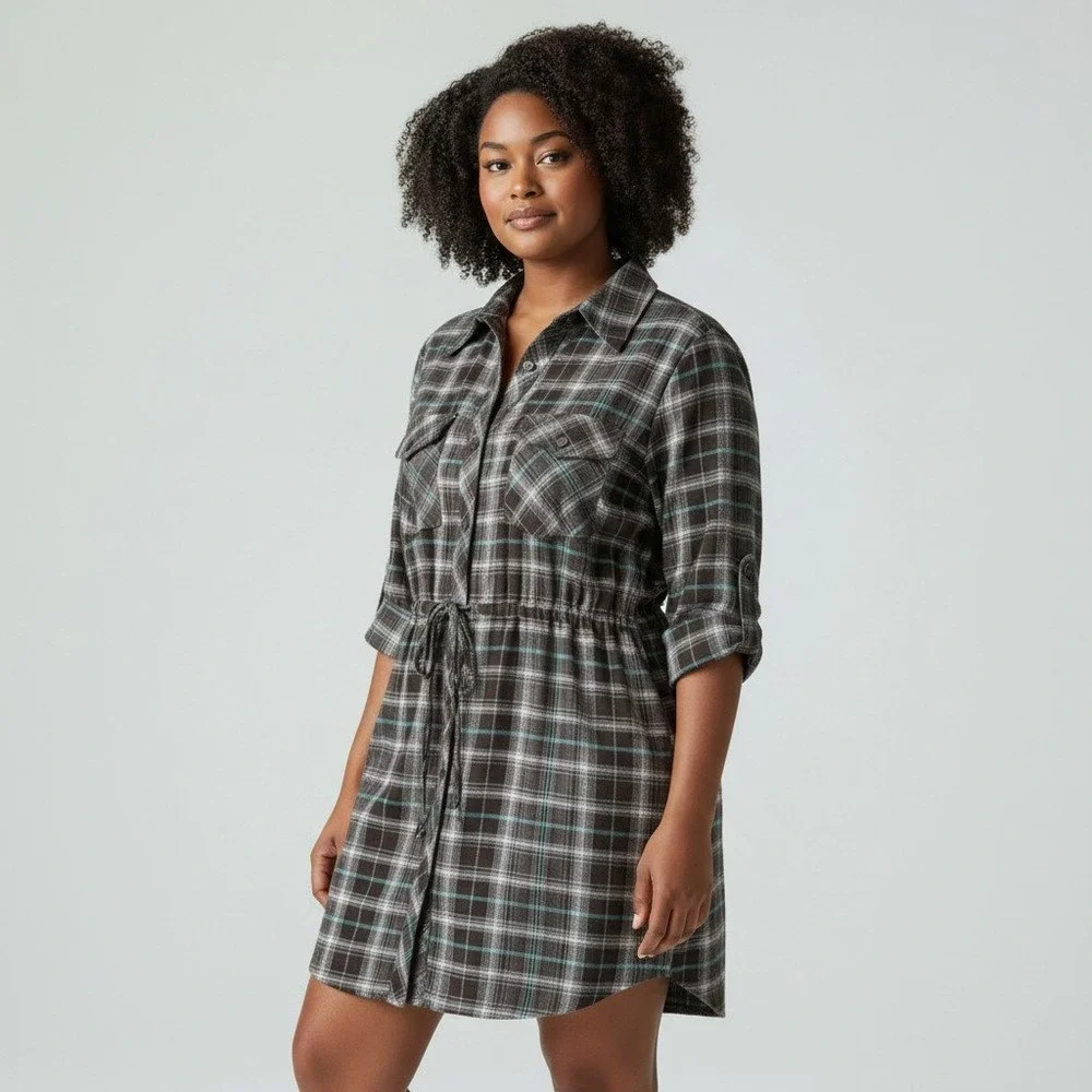 Fire Los‎ Angeles Button Down Plaid Shirt Dress Drawstring Tunic  XXL